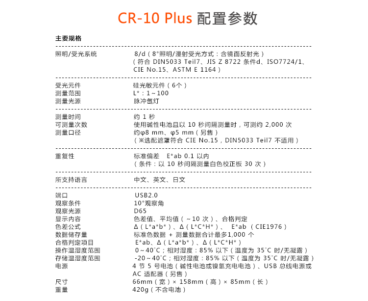 柯尼卡美能達 CR-10 Plus 小型色差計配置參數(shù)